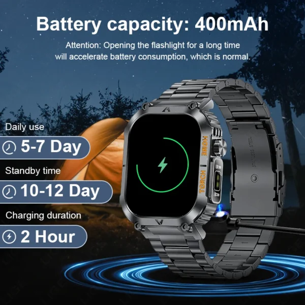 Smart Watch LED Flashlight Compass 3ATM Waterproof 2.02'' HD Screen Military Sport Smartwatch - Image 3