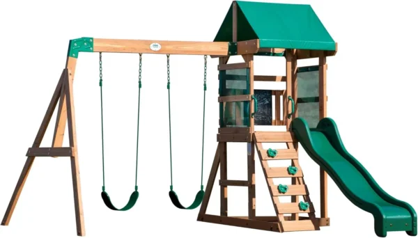 Backyard Discovery Wooden Swing Set, Made for Small Yards and Younger Children, Two Belt Swings