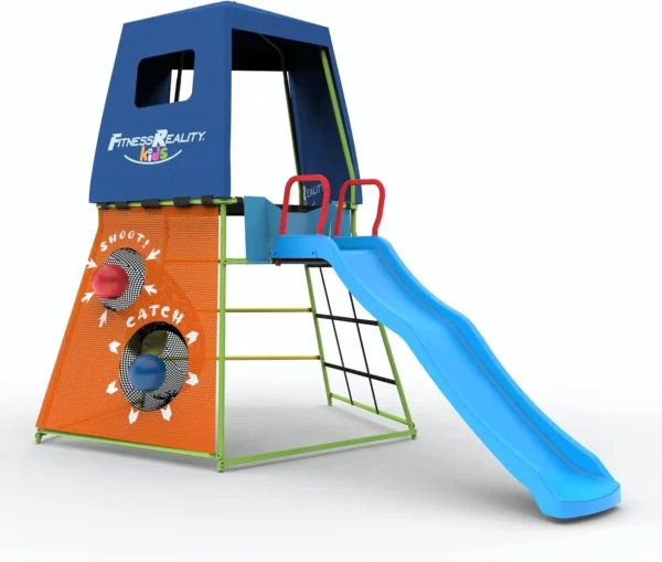 Adventure Climbing Fort with Platform, Playground Slide and Play Tent, Outdoor Jungle Gym for Backyard, Kids Ages 3-10