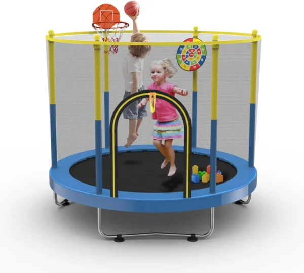 6 FT Indoor & Outdoor Small Toddler Trampoline with Basketball Hoop & Dart Board for Ages 1-8, Birthday Gifts for Boys & Girls,