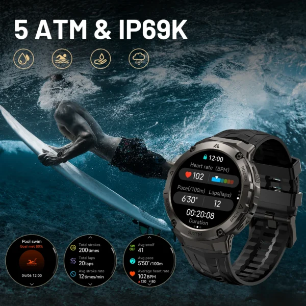 T3E GPS Smart Watch For Men Compass Altimeter 5ATM IP69K Waterproof 470mAh AMOLED Bluetooth Call - Image 4