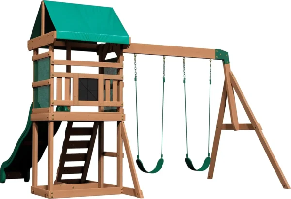 Backyard Discovery Wooden Swing Set, Made for Small Yards and Younger Children, Two Belt Swings - Image 2