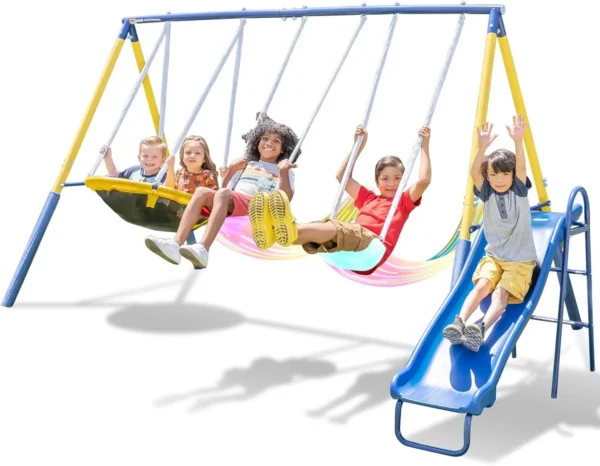 Starlight Metal Swing Set with LED Swings, Saucer Swing and 5ft Slide