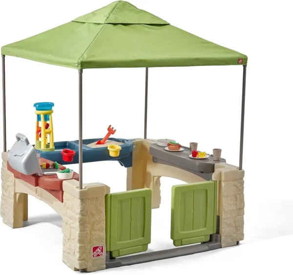 Around Playtime Patio with Canopy, Kid Indoor and Outdoor Kitchen Playset, Sensory Playhouse, Kids Ages 2+ years old,