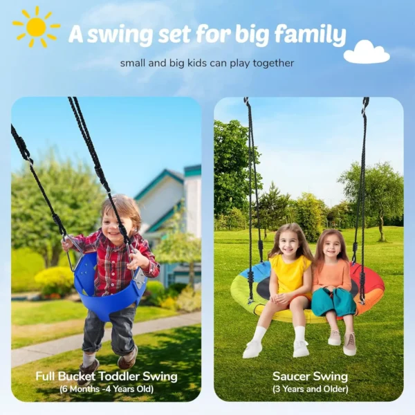 Swing Sets for Backyard, 440lbs Heavy Duty A-Frame Metal Swing Stand with 1 Saucer Swing and 1 Toddler Swing, Outdoor Kids Play - Image 3