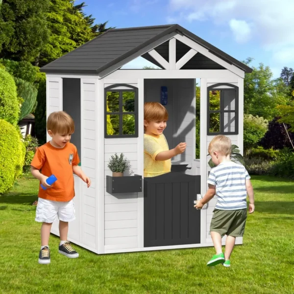 Outdoor Kids Playhouse, Toddler Playhouse Wooden Playhouse for Kids Ages 3-10, with Sink, Stove,Flower Pot Holders,Phone,Kitchen